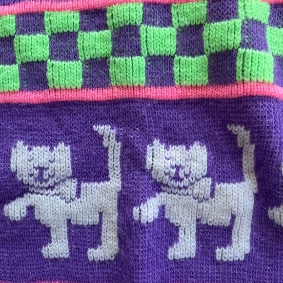 Vintage Hot Fudge Kitty Kitten Cat Neon Checkered Knit Sweater Purple Pink GUC - Picture 4 of 9